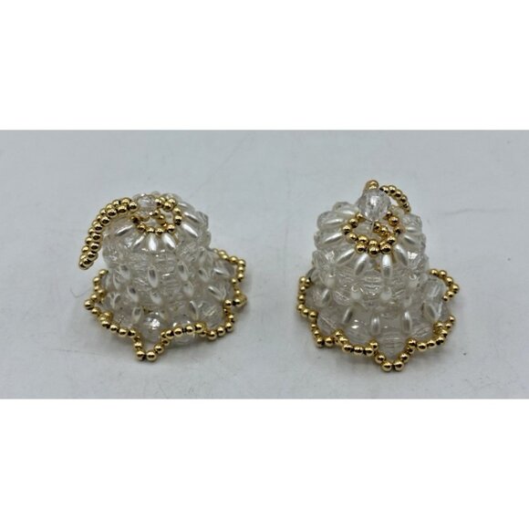 Vtg Handmade Beaded Bell Ornaments Set 2 White Gold Christmas Holiday Decor - Picture 3 of 10